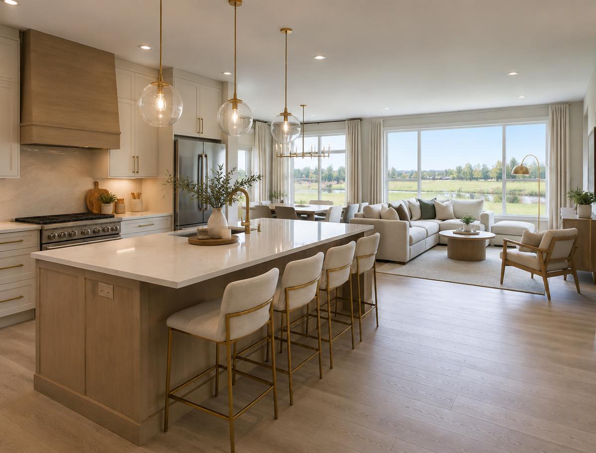 Illustrative image of a modern open-concept kitchen and living room overlooking green space