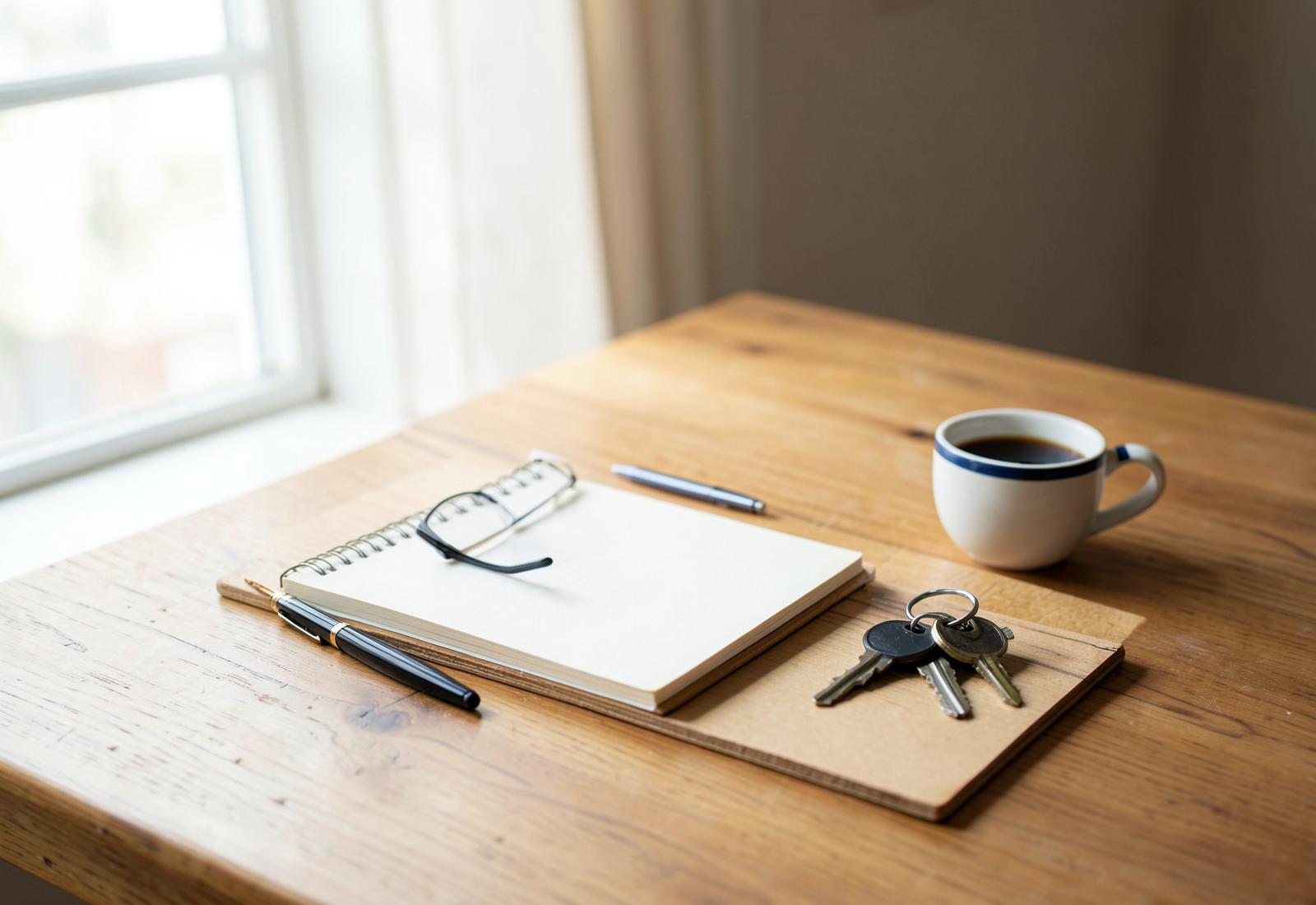 Desk with a notebook, pen, glasses, house keys and coffee beside a bright window