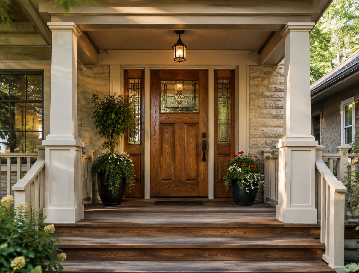 Illustrative image of a character home porch with an oak front door and leaded glass