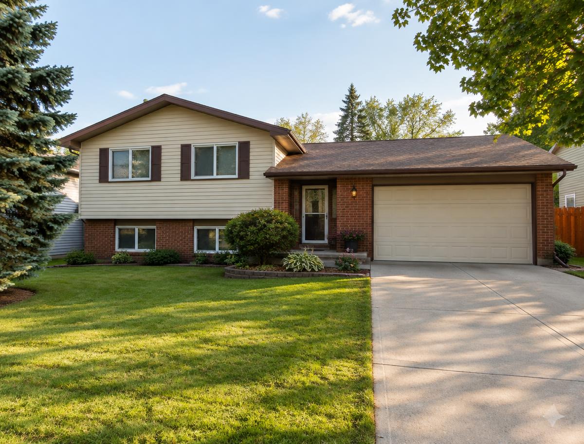 Illustrative image of a split-level family home with a brick base, attached garage and front lawn
