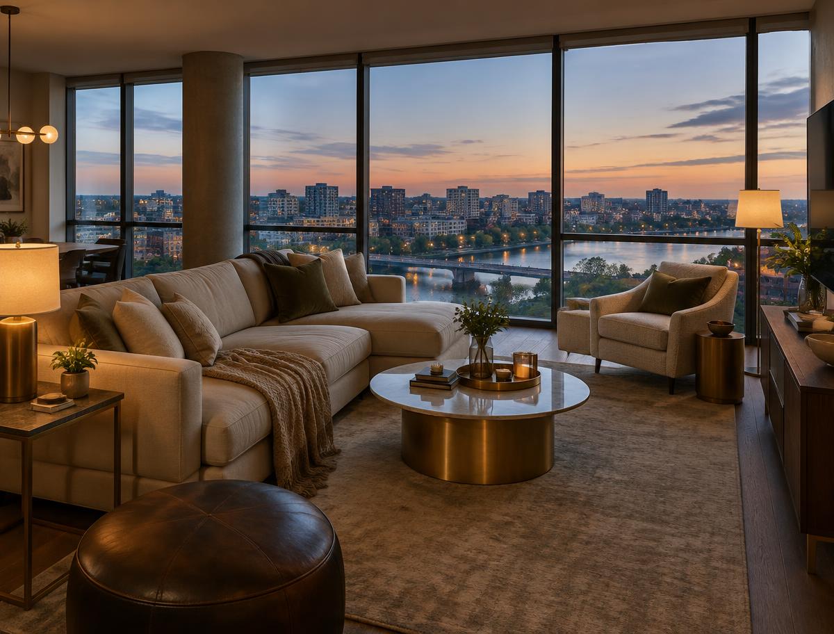 Illustrative image of a modern condo living room with floor-to-ceiling windows overlooking the city at dusk