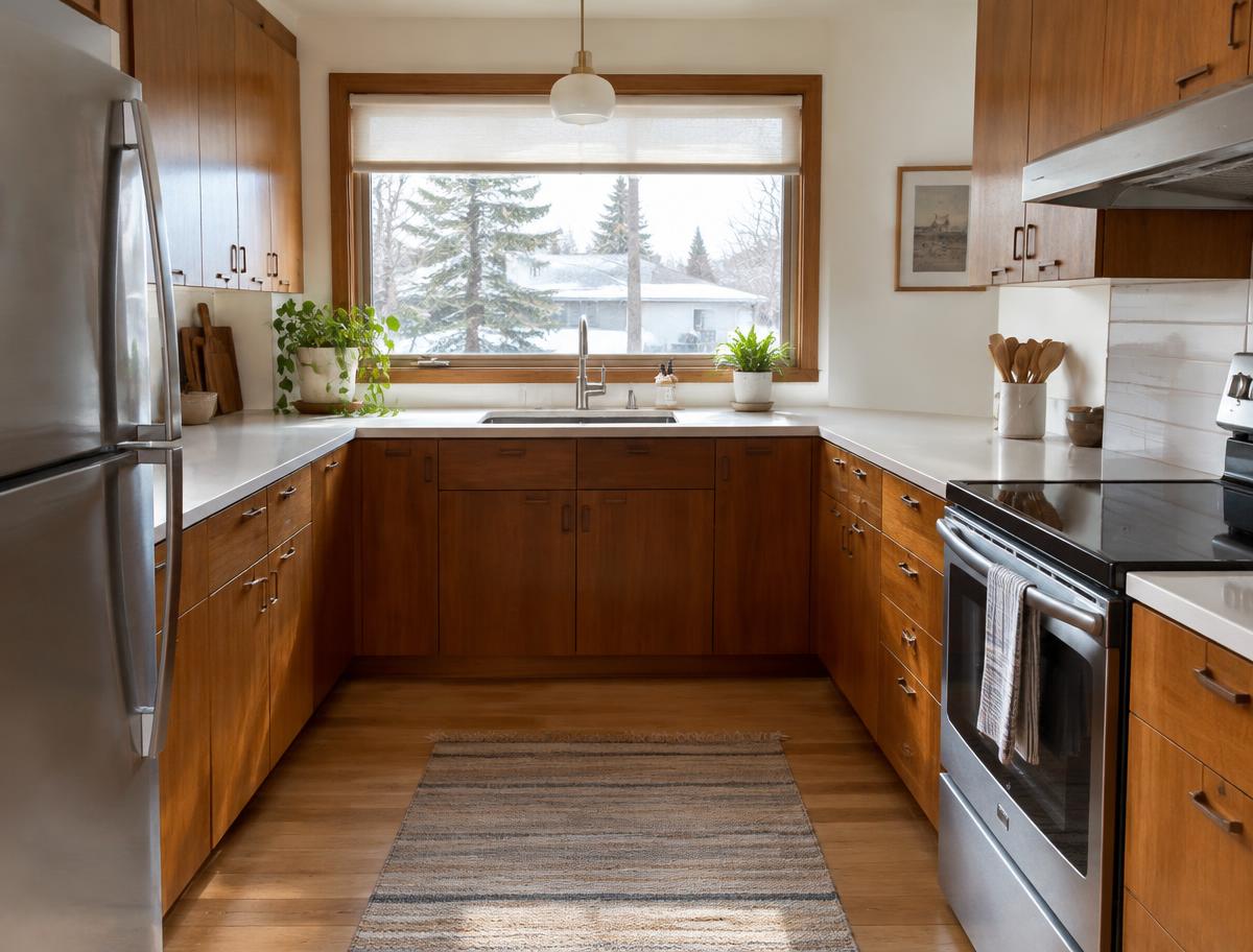 Illustrative image of an updated mid-century bungalow kitchen with wood cabinets and a large window