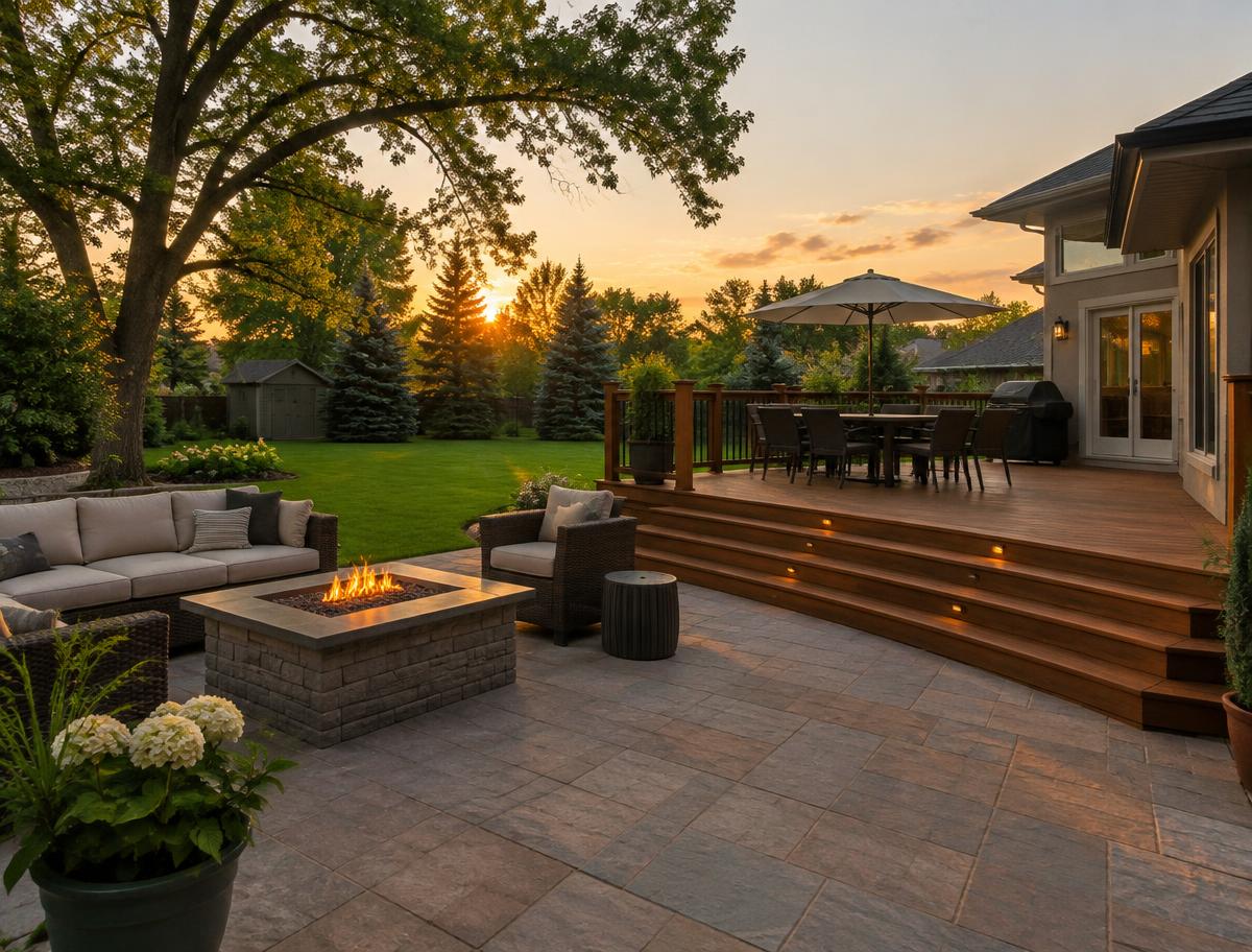 Illustrative image of a large backyard patio and deck with a fire table on a treed suburban lot