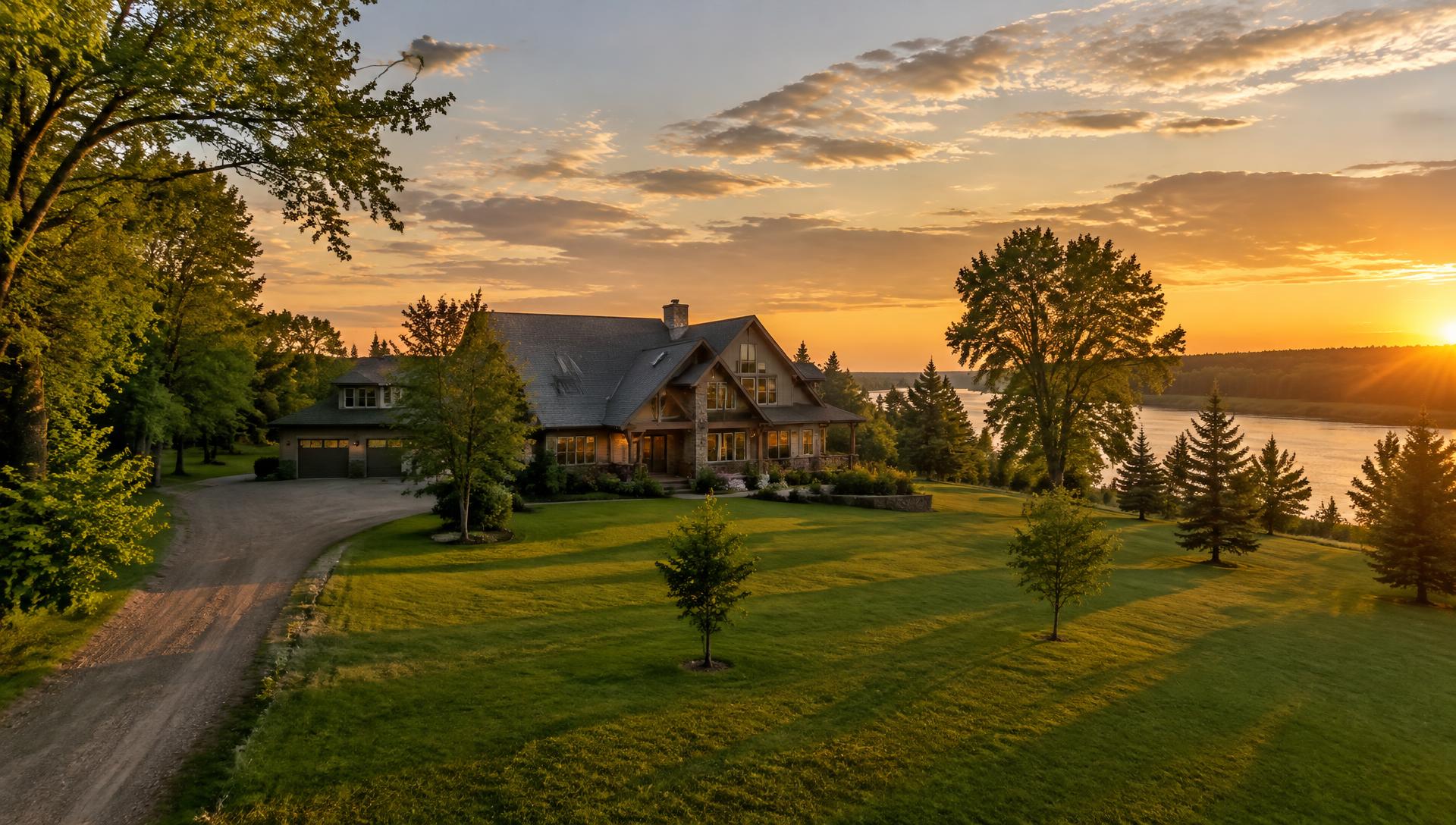 Illustrative image of a spacious family home on a large treed lot beside a river at sunset