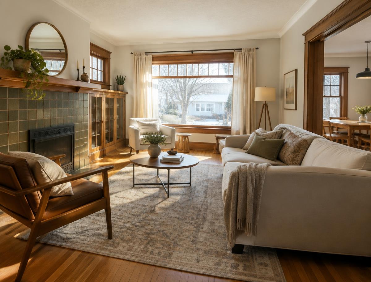 Illustrative image of a sunlit living room in a renovated character home with hardwood floors and a tiled fireplace