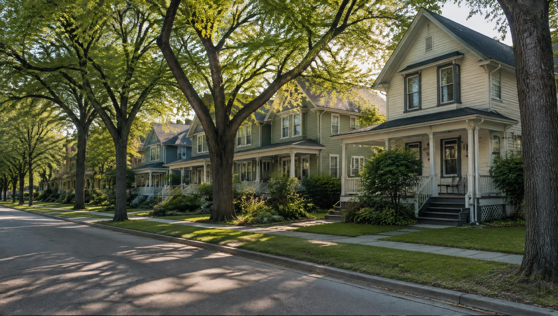 Illustrative image of a mature tree-lined street with older two-storey homes and front porches