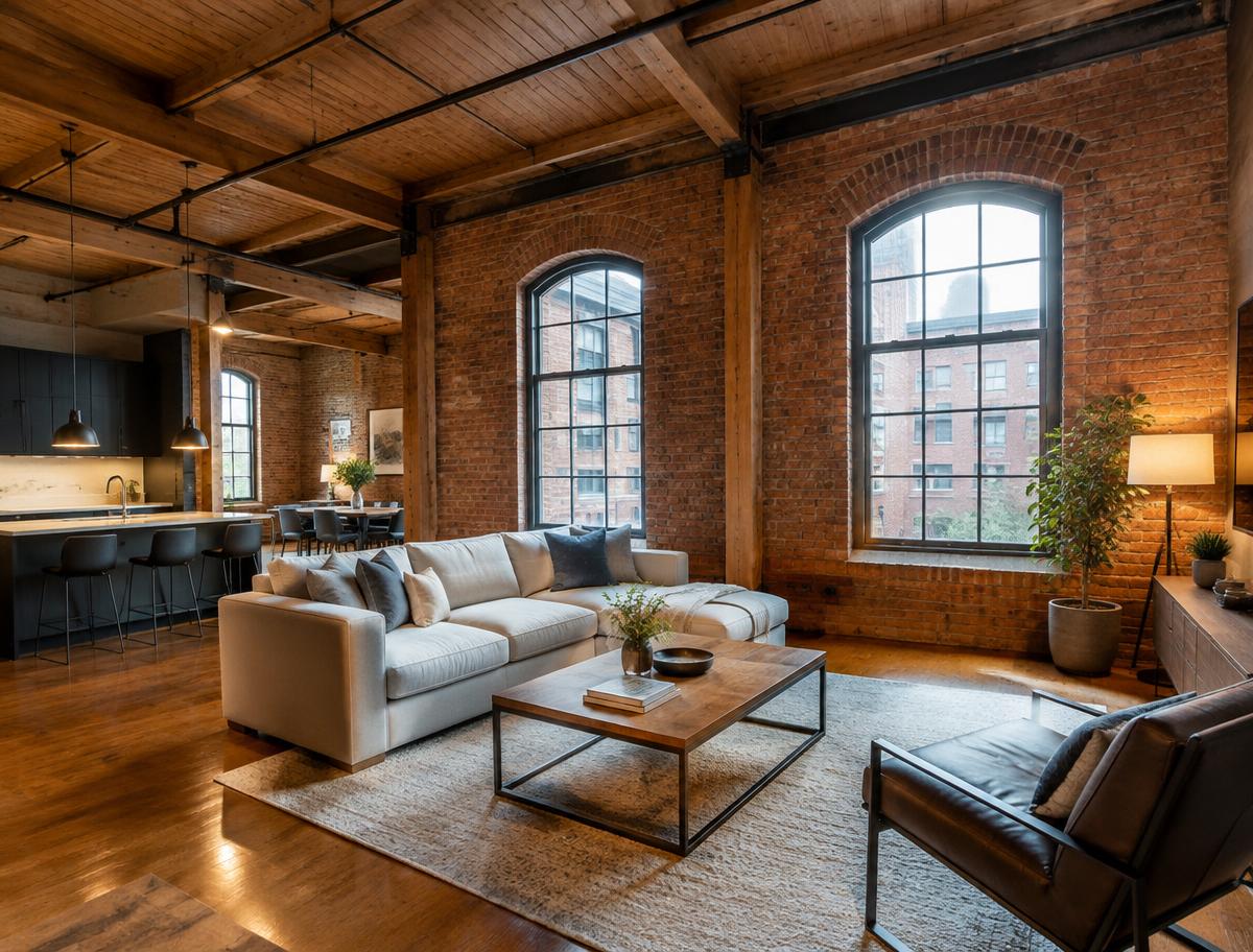 Illustrative image of a converted heritage loft with exposed brick, timber beams and tall arched windows