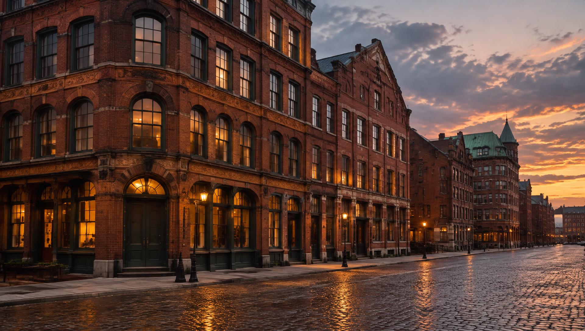 Illustrative image of historic brick warehouse buildings with lit arched windows along a cobbled street at dusk