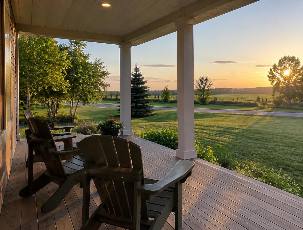 Illustrative image of a covered front porch with wooden chairs overlooking a large lawn and open fields