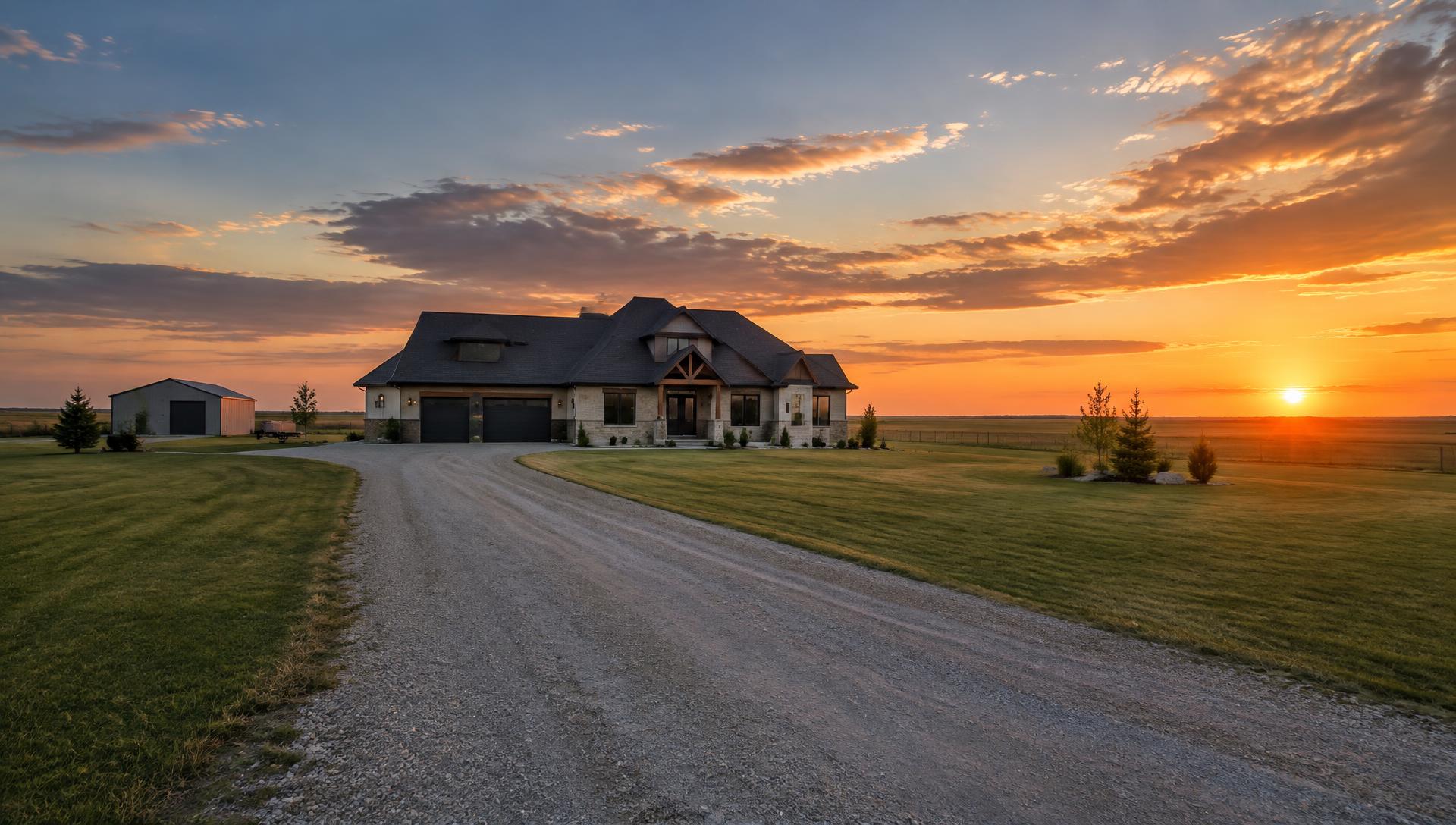 Illustrative image of a modern family home on a large semi-rural lot with a long driveway under a prairie sunset