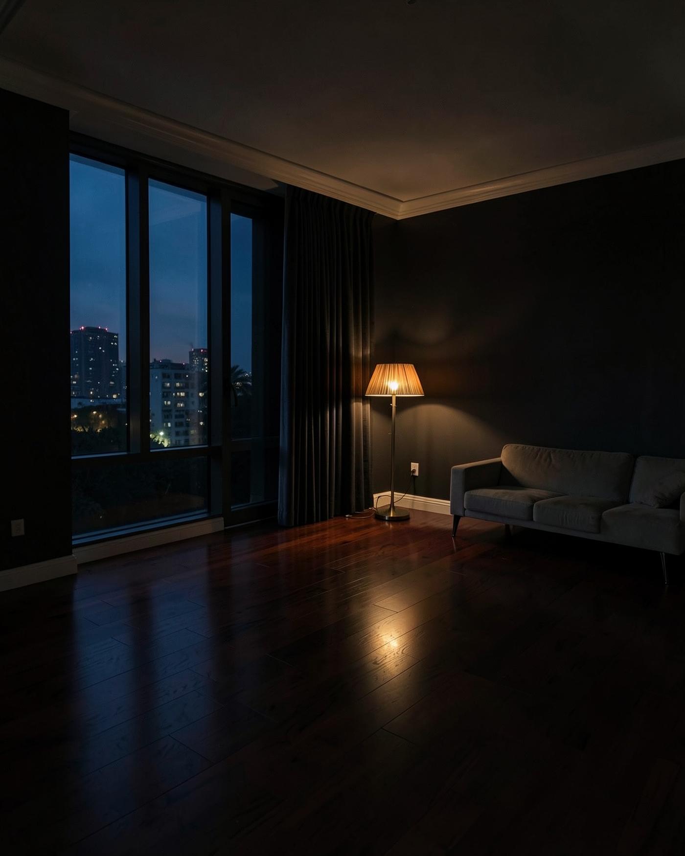 Quiet, well-prepared living room at dusk with a city view