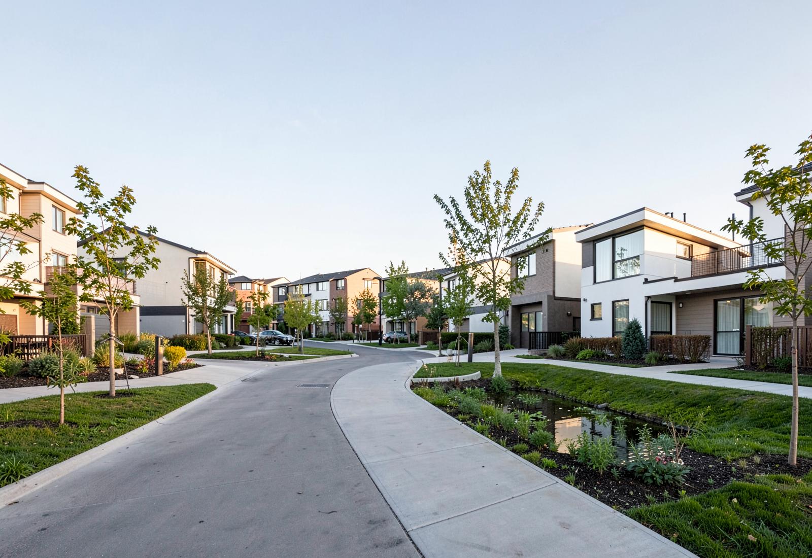 Contemporary homes and landscaped boulevards in a newer development